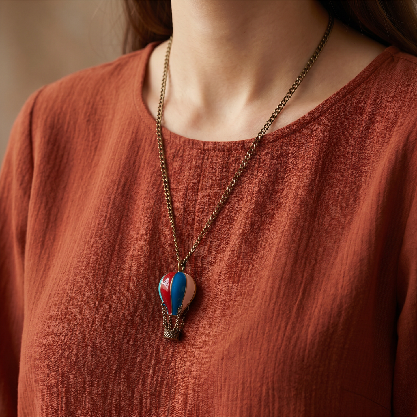 Hot Air Balloon Necklace | Rainbow Enamel Balloon with Bronze Chains & Basket