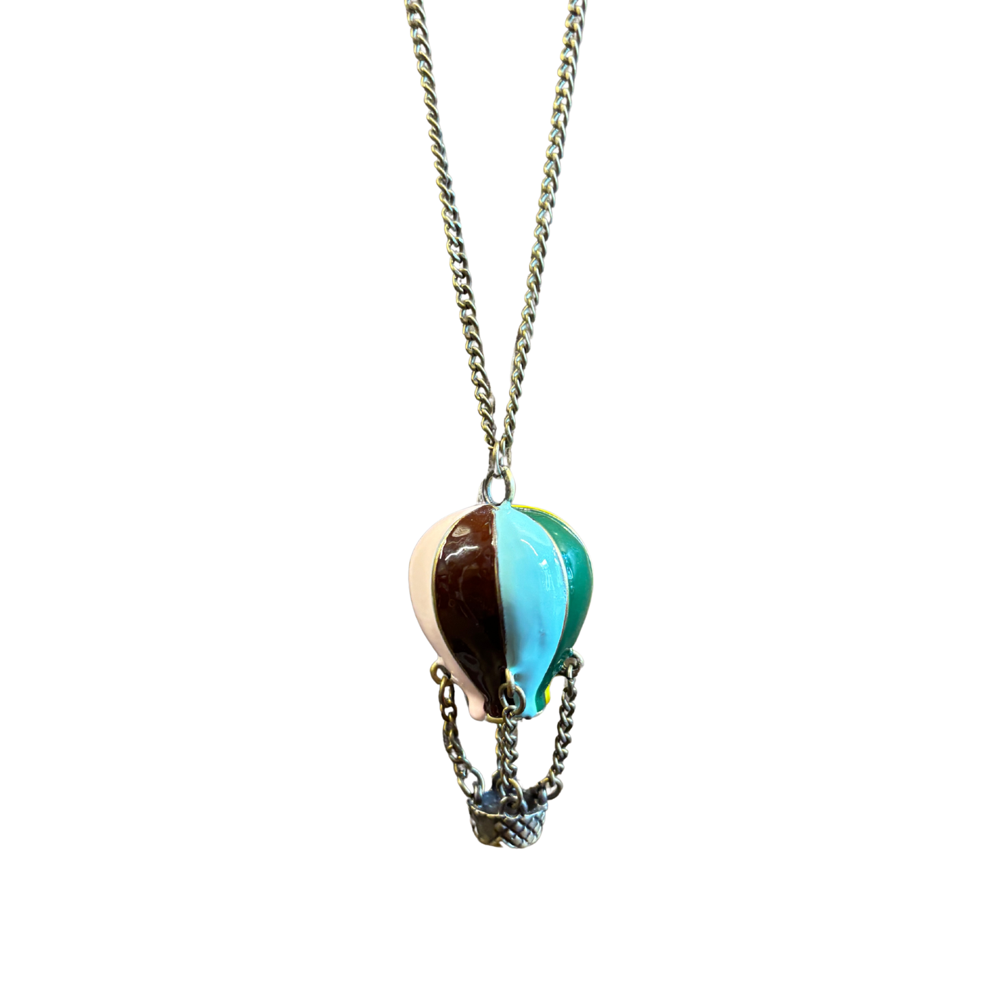 Hot Air Balloon Necklace | Rainbow Enamel Balloon with Bronze Chains & Basket