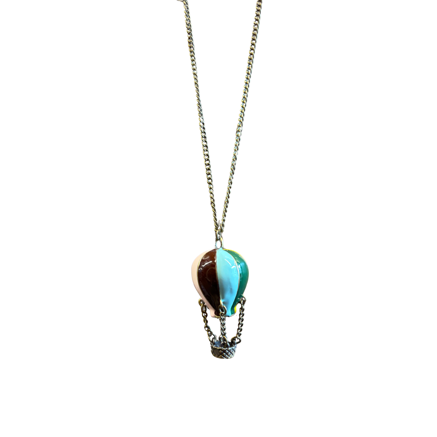 Hot Air Balloon Necklace | Rainbow Enamel Balloon with Bronze Chains & Basket