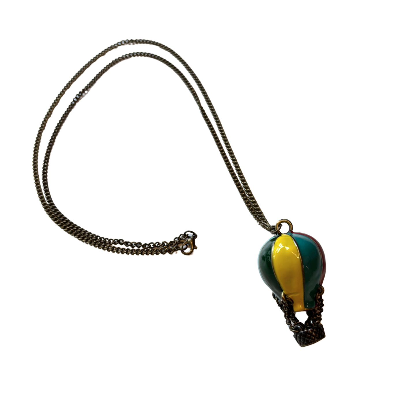 Hot Air Balloon Necklace | Rainbow Enamel Balloon with Bronze Chains & Basket