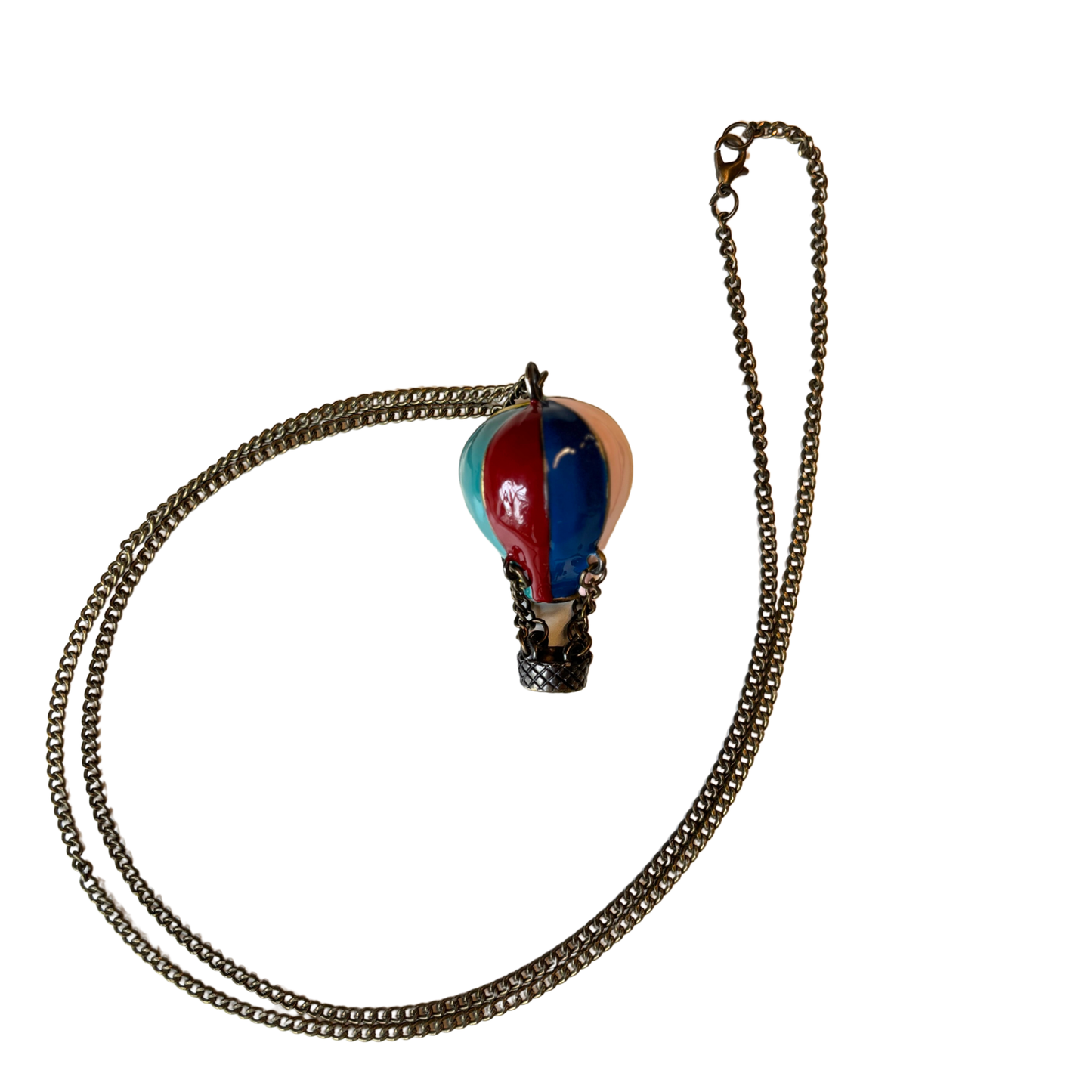 Hot Air Balloon Necklace | Rainbow Enamel Balloon with Bronze Chains & Basket