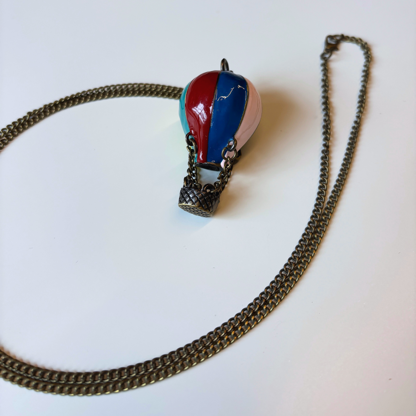 Hot Air Balloon Necklace | Rainbow Enamel Balloon with Bronze Chains & Basket