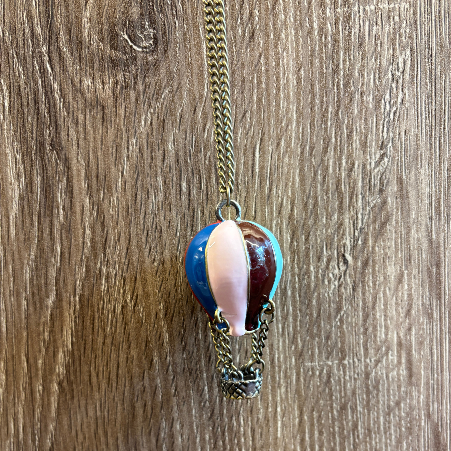 Hot Air Balloon Necklace | Rainbow Enamel Balloon with Bronze Chains & Basket