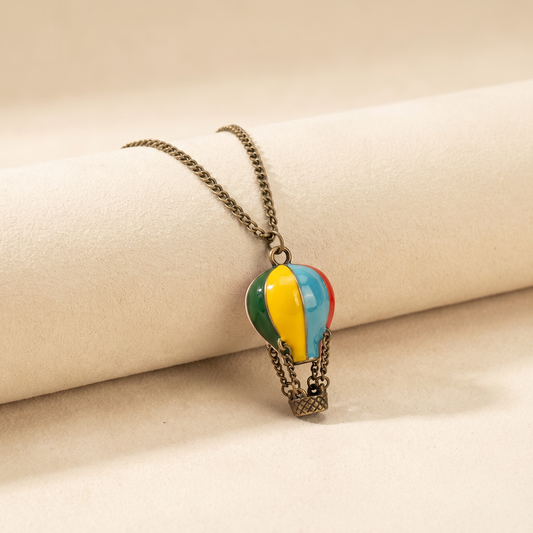 Hot Air Balloon Necklace | Rainbow Enamel Balloon with Bronze Chains & Basket