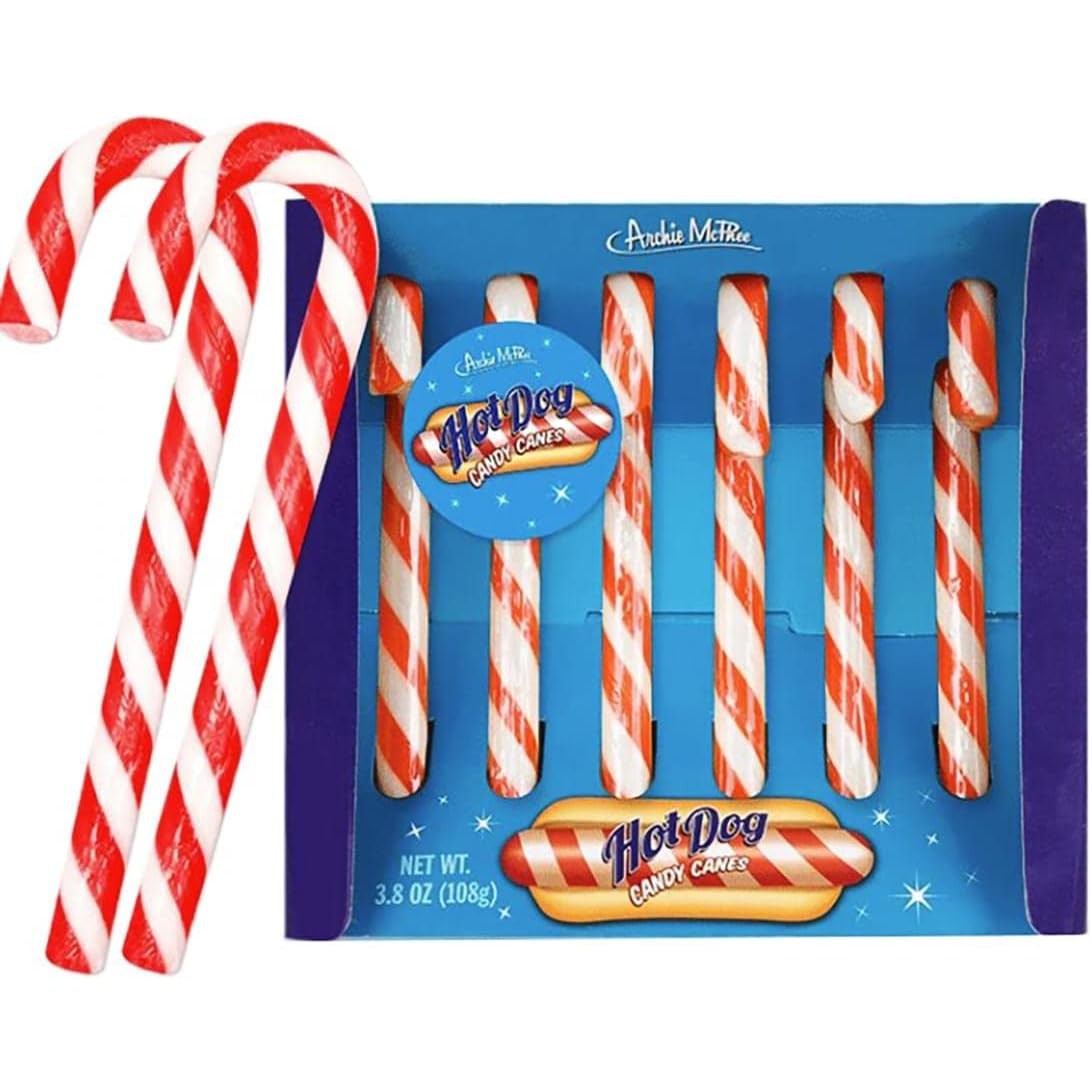 Hot Dog Candy Canes | Gift Box of 6 Funny Hotdog Flavored Candy Canes