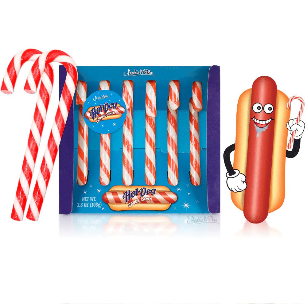 Hot Dog Candy Canes | Gift Box of 6 Funny Hotdog Flavored Candy Canes