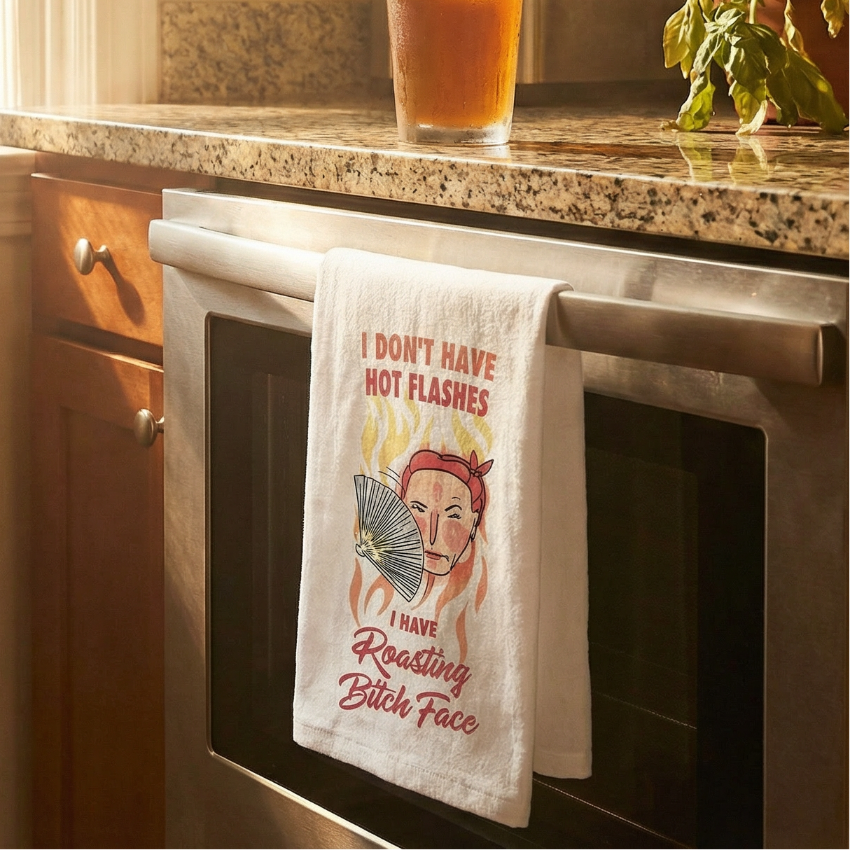 Hot Flashes Roasting Bitch Face Dishtowel | Hangable Sweary Funny Saying Cotton Towel