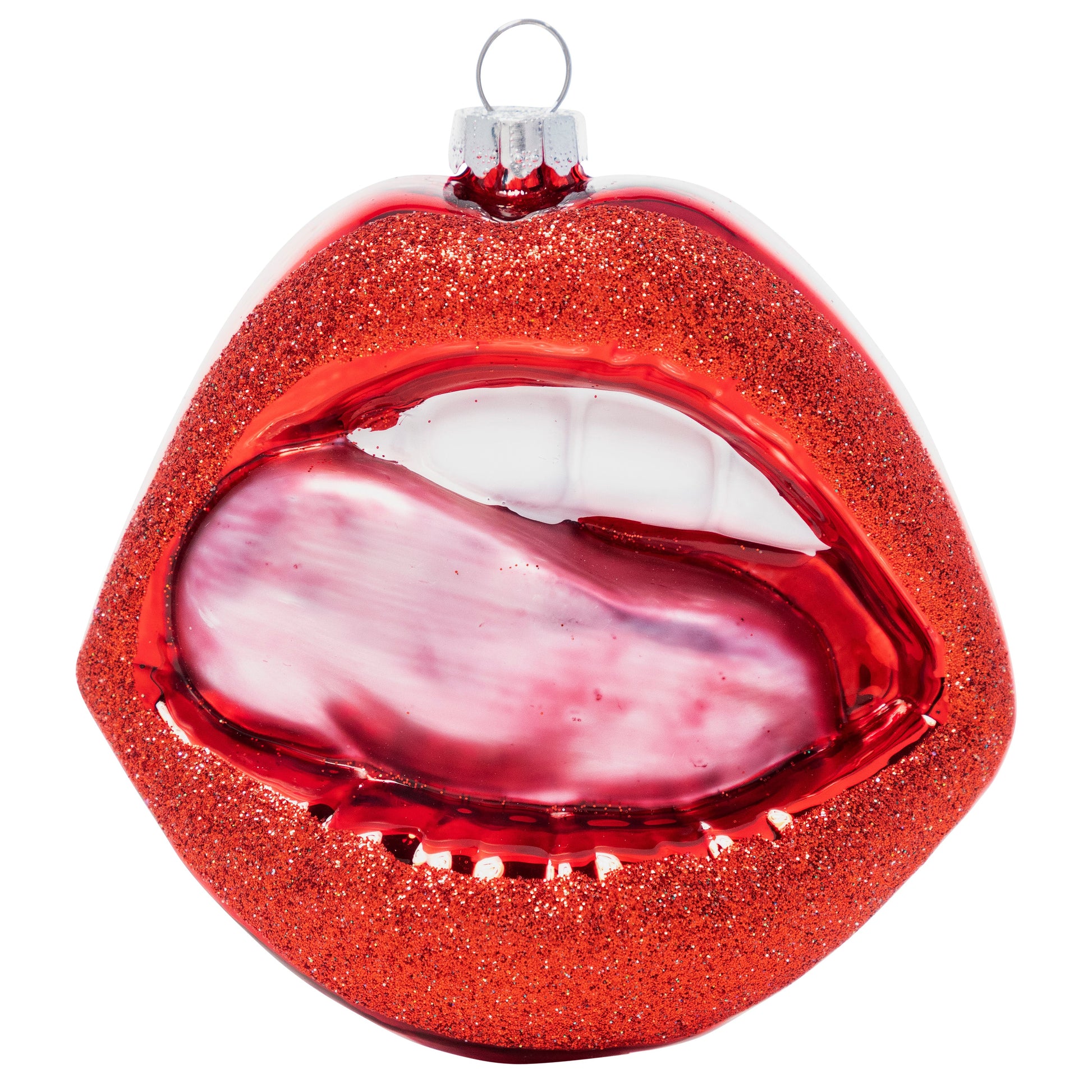Red glittery lip-shaped ornament with a white center on a white background