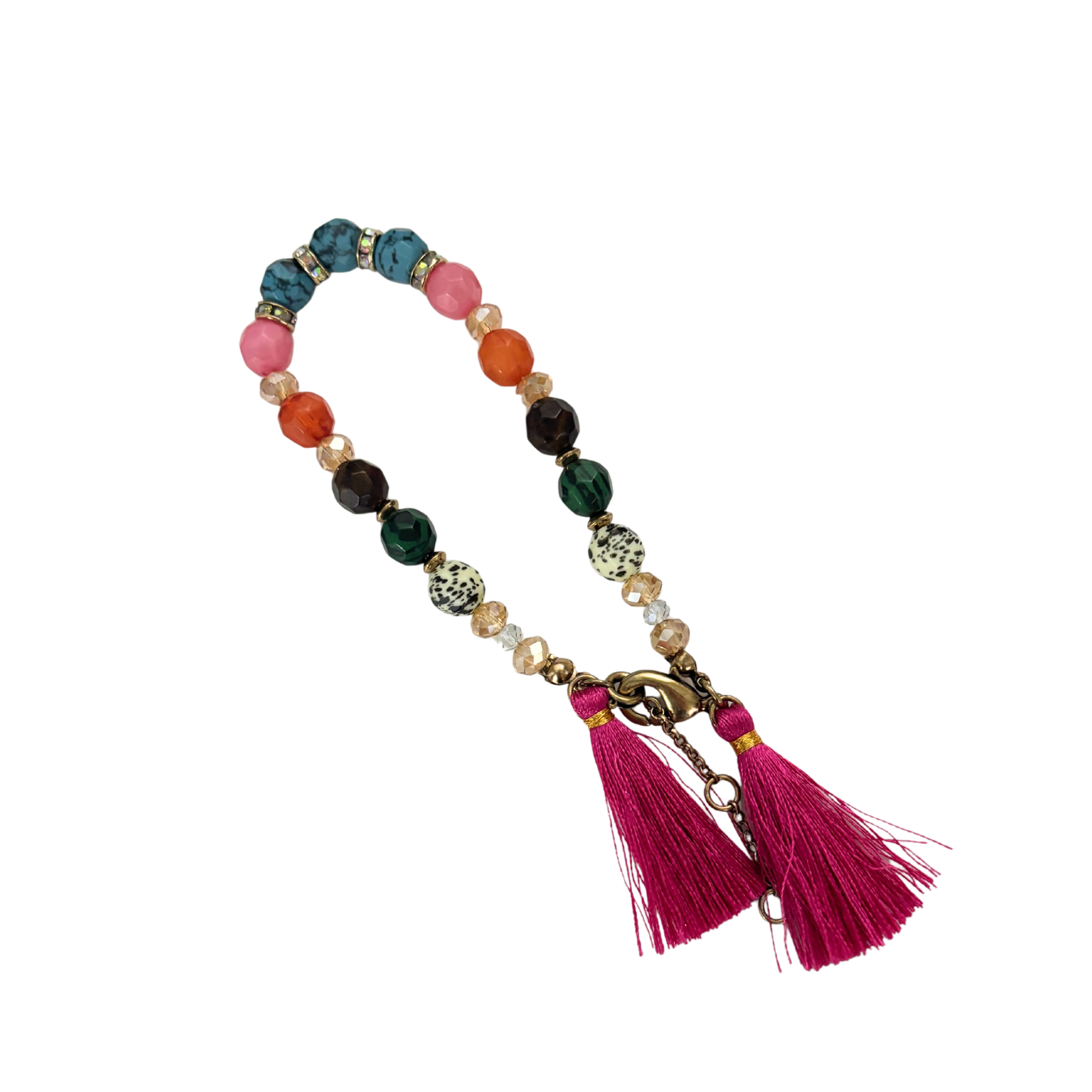 Hot Pink Tassel Beaded Bracelet | Rainbow Summer Beads with Speckle Beads | 6.5" + Extender