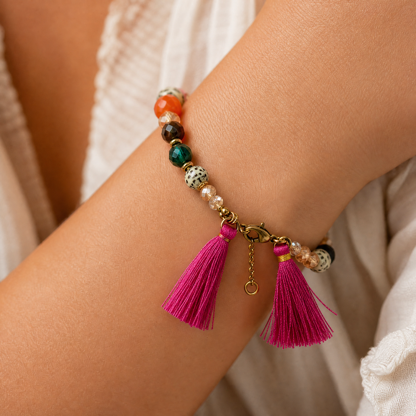 Hot Pink Tassel Beaded Bracelet | Rainbow Summer Beads with Speckle Beads | 6.5" + Extender-Paper & Quartz-The Bullish Store