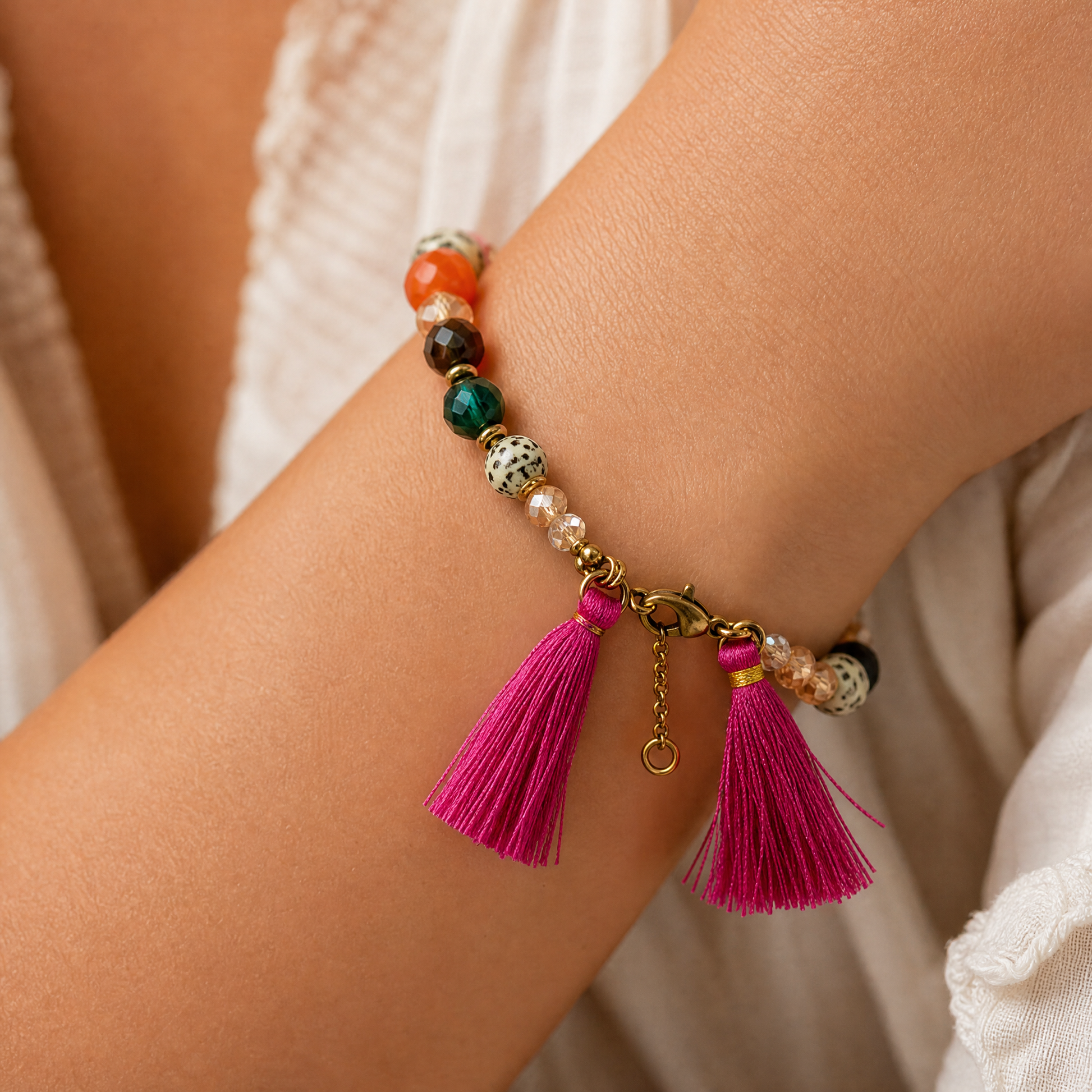 Hot Pink Tassel Beaded Bracelet | Rainbow Summer Beads with Speckle Beads | 6.5" + Extender-Paper & Quartz-The Bullish Store