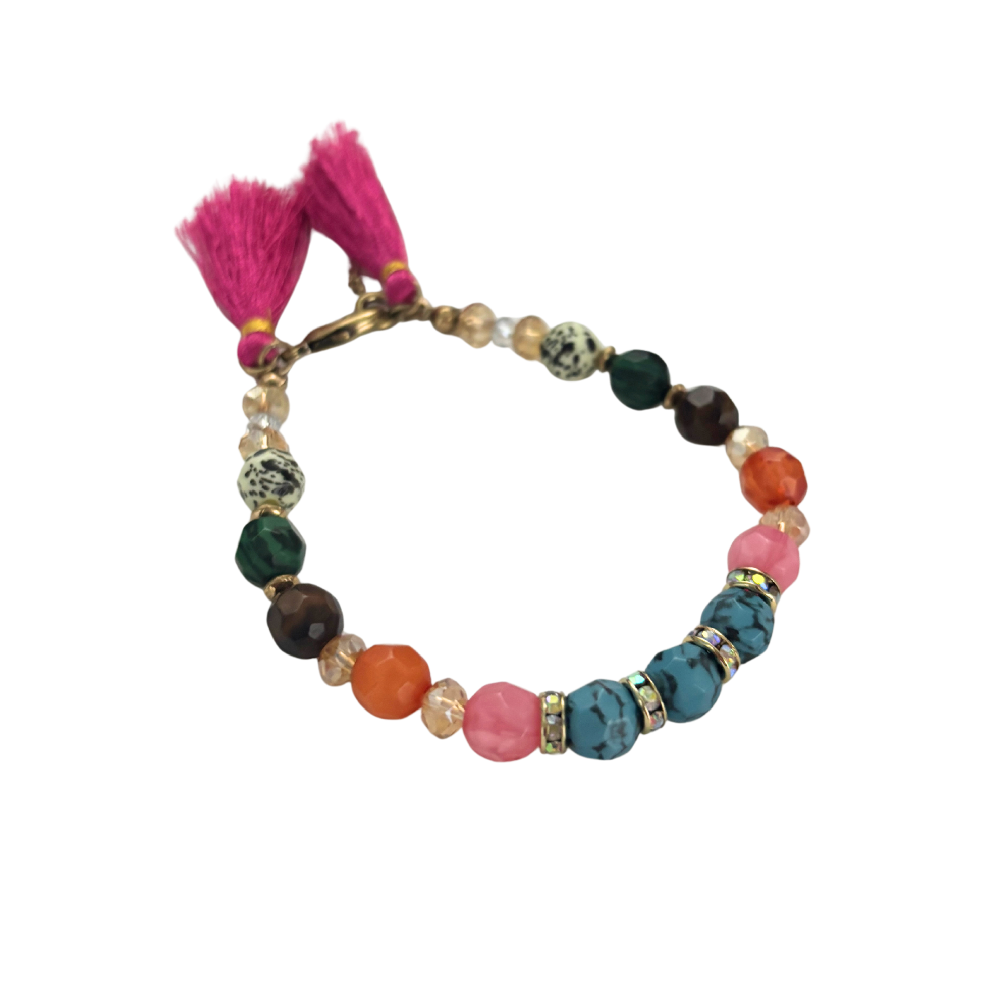 Hot Pink Tassel Beaded Bracelet | Rainbow Summer Beads with Speckle Beads | 6.5" + Extender