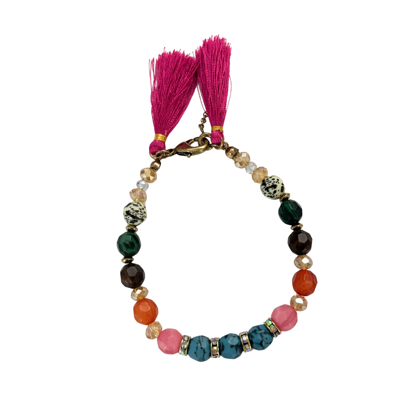 Hot Pink Tassel Beaded Bracelet | Rainbow Summer Beads with Speckle Beads | 6.5" + Extender