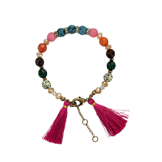 Hot Pink Tassel Beaded Bracelet | Rainbow Summer Beads with Speckle Beads | 6.5" + Extender