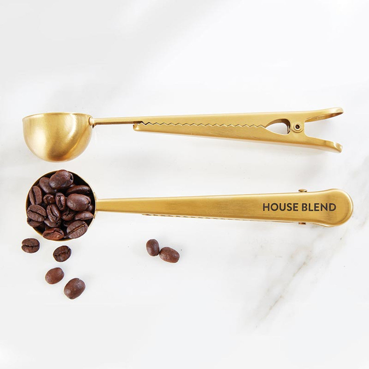 House Blend Coffee Clip + Scoop in Brass Finish | Stainless Steel Measuring Spoon/Resealer