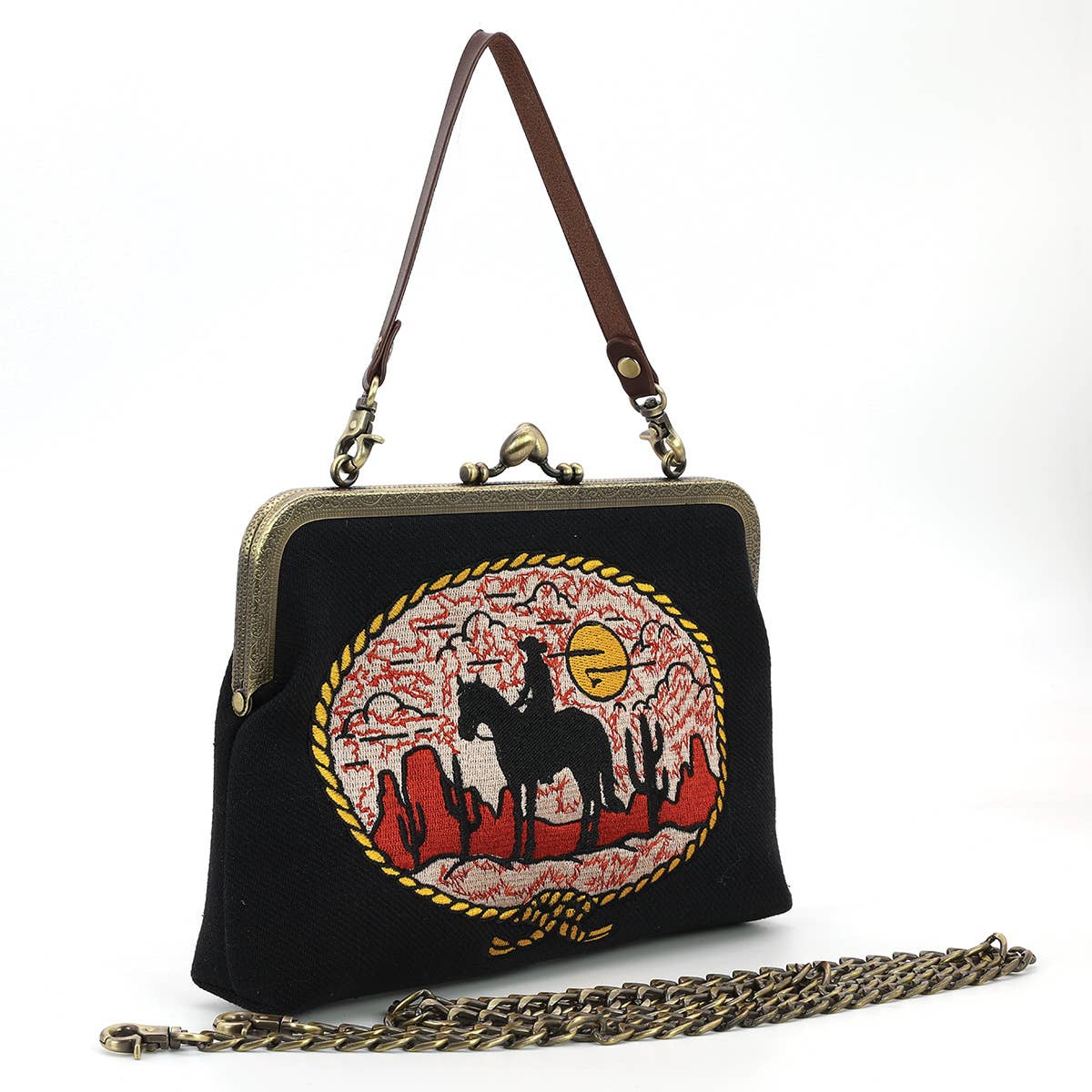 Howdy Cow Girl on Horse Kiss Lock Bag | Western Vintage Detachable Strap Purse
