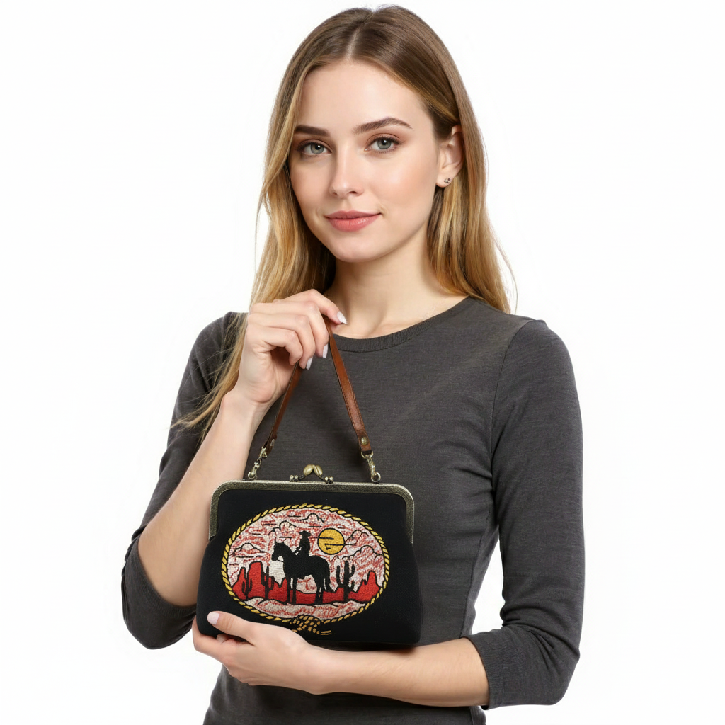 Howdy Cow Girl on Horse Kiss Lock Bag | Western Vintage Detachable Strap Purse