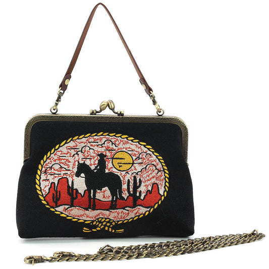 Howdy Cow Girl on Horse Kiss Lock Bag | Western Vintage Detachable Strap Purse