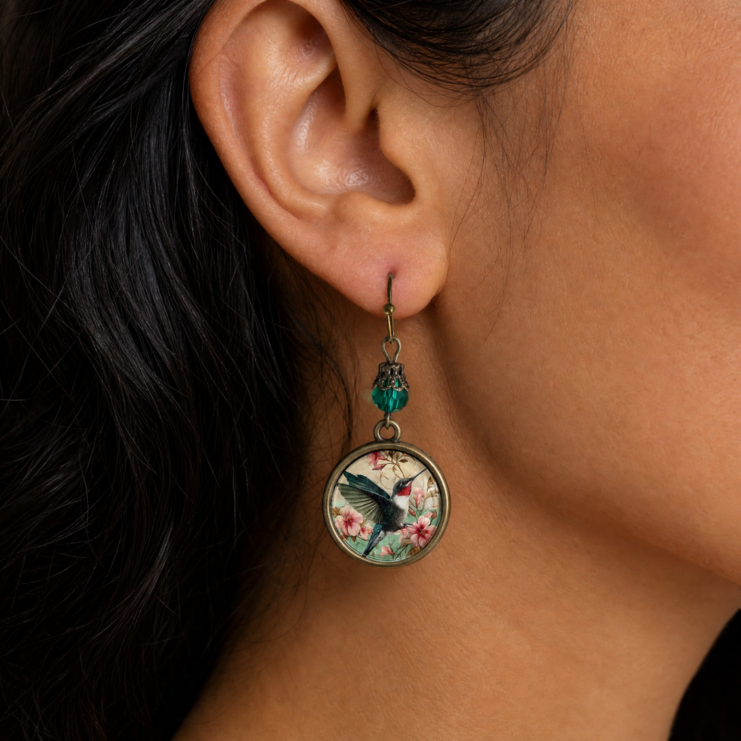 Hummingbird Art Nouveau Glass Cabochon Earrings | Antique Bronze Floral Dangle Jewelry-Divine Iguana-The Bullish Store