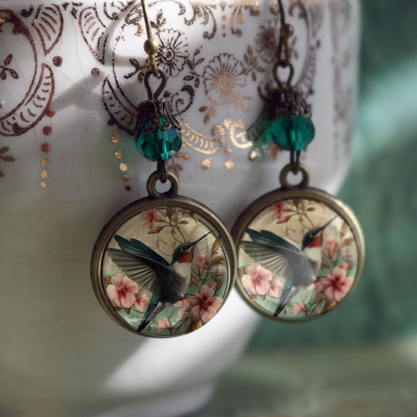 Hummingbird Art Nouveau Glass Cabochon Earrings | Antique Bronze Floral Dangle Jewelry