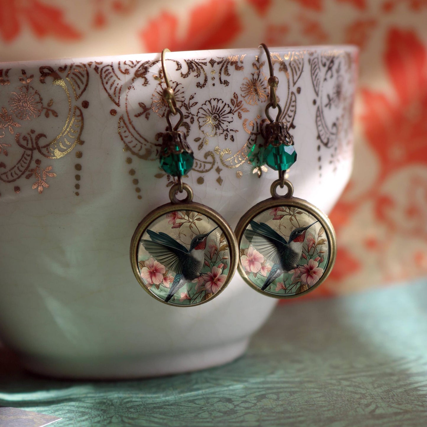 Hummingbird Art Nouveau Glass Cabochon Earrings | Antique Bronze Floral Dangle Jewelry