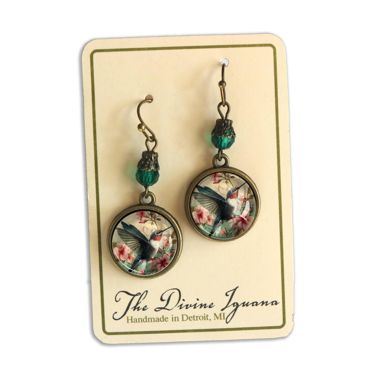 Hummingbird Art Nouveau Glass Cabochon Earrings | Antique Bronze Floral Dangle Jewelry