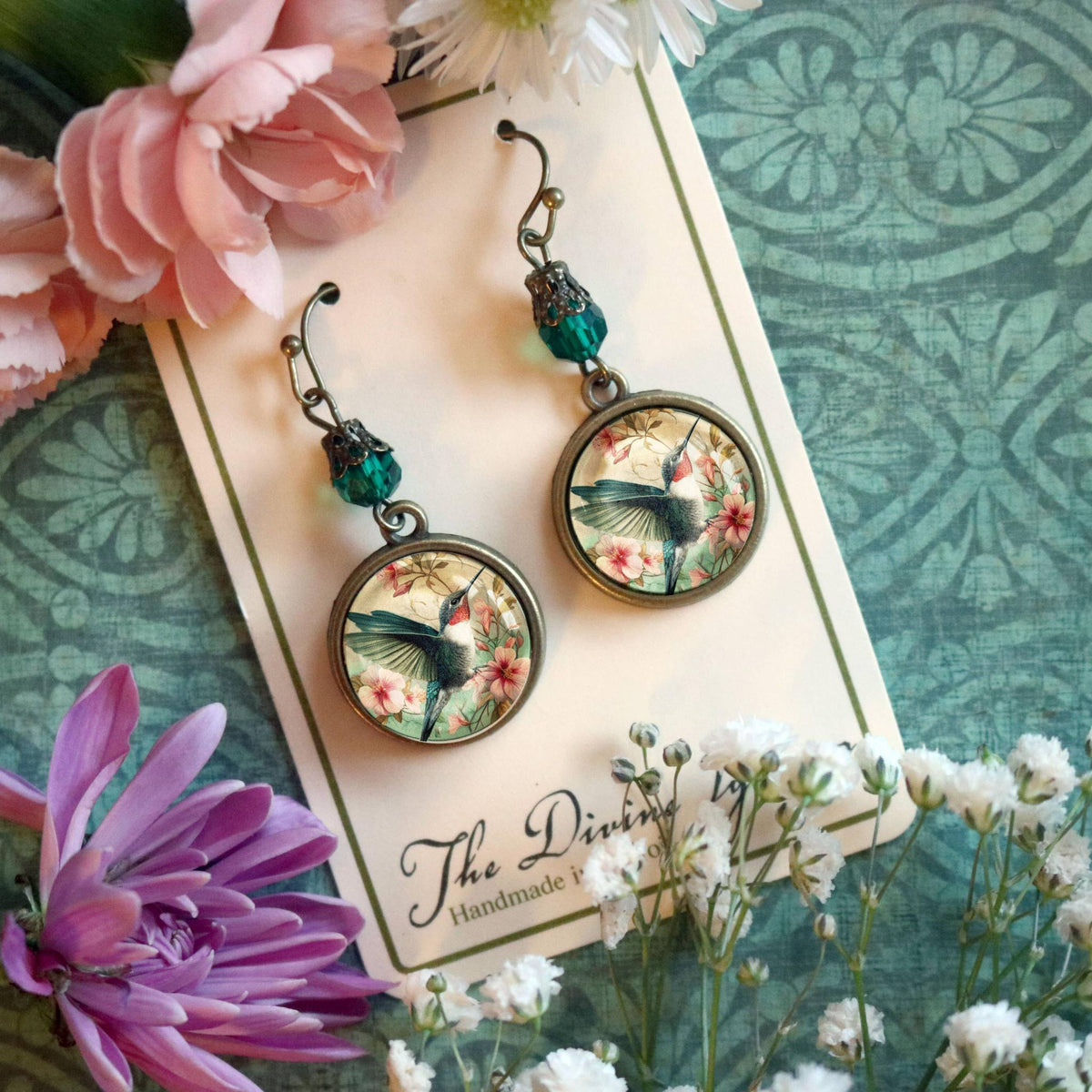 Hummingbird Art Nouveau Glass Cabochon Earrings | Antique Bronze Floral Dangle Jewelry