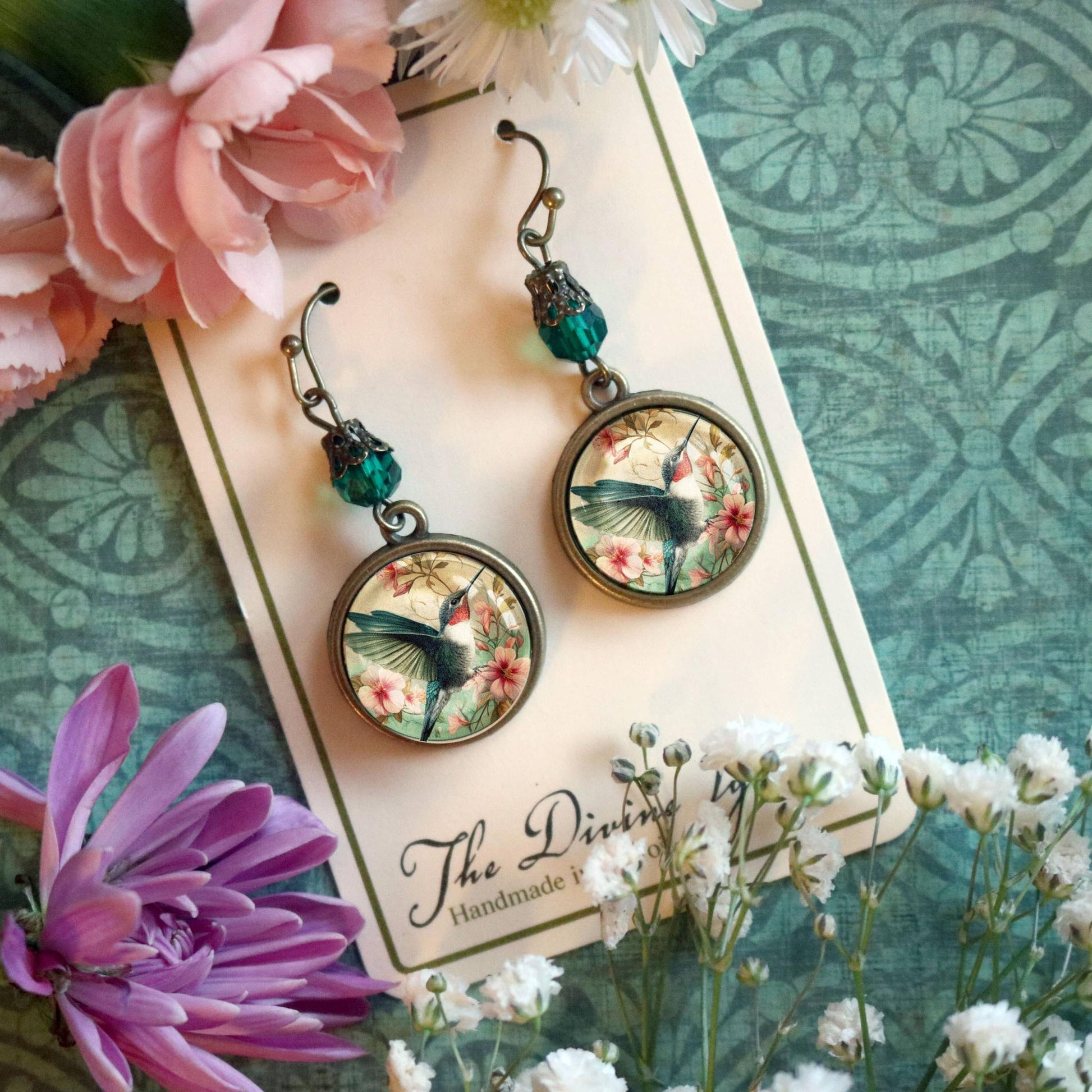 Hummingbird Art Nouveau Glass Cabochon Earrings | Antique Bronze Floral Dangle Jewelry