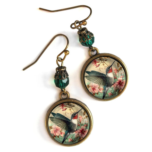 Hummingbird Art Nouveau Glass Cabochon Earrings | Antique Bronze Floral Dangle Jewelry