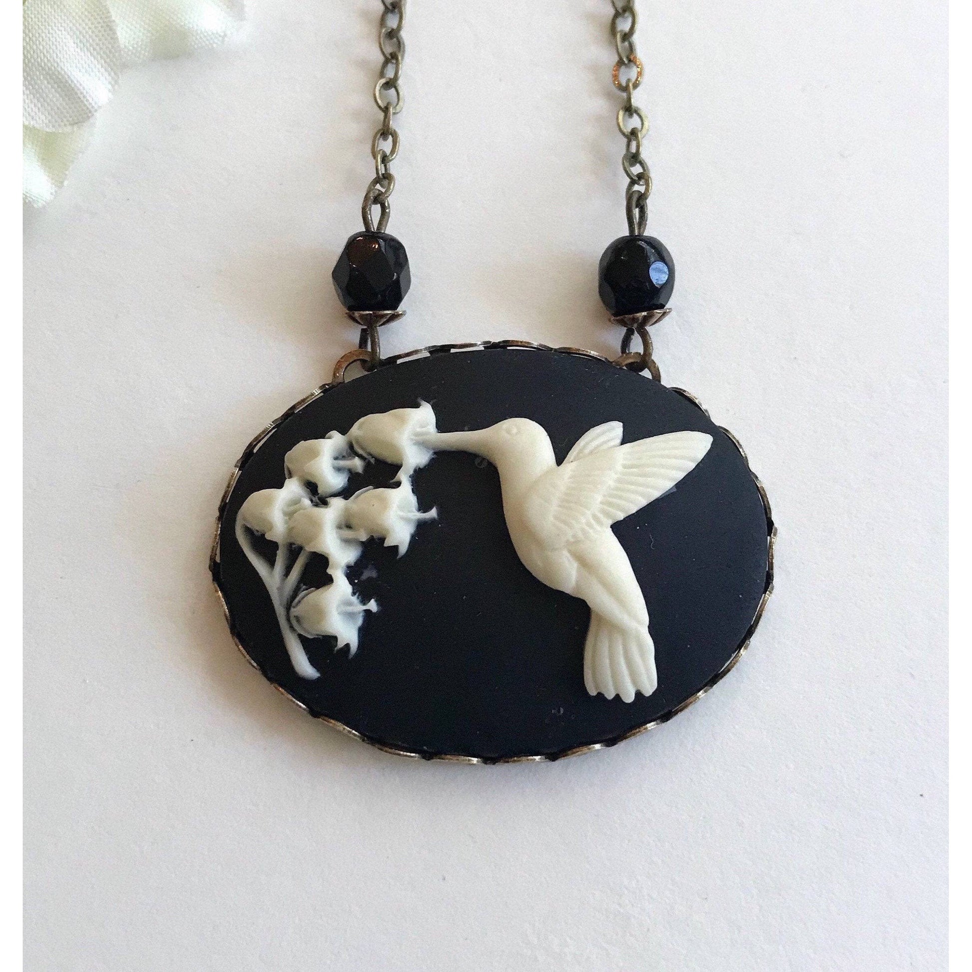 Hummingbird Cameo Necklace in Black and Ivory | Bird Cameo Lily of the Valley Flowers