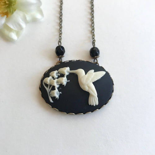 Hummingbird Cameo Necklace in Black and Ivory | Bird Cameo Lily of the Valley Flowers