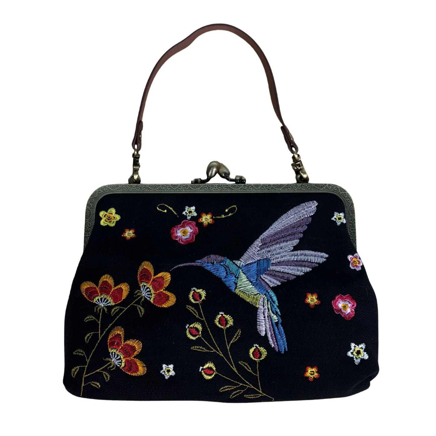 Hummingbird Kisslock Bag in Black | Embroidered Floral Handheld Shoulder Bag