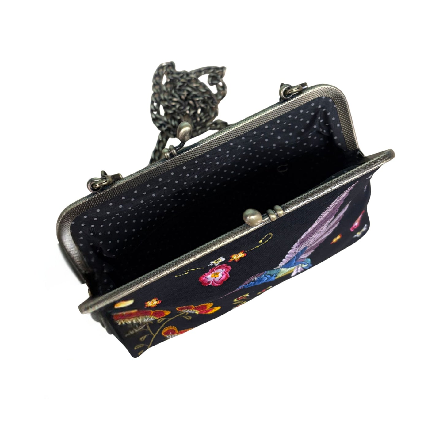 Hummingbird Kisslock Bag in Black | Embroidered Floral Handheld Shoulder Bag