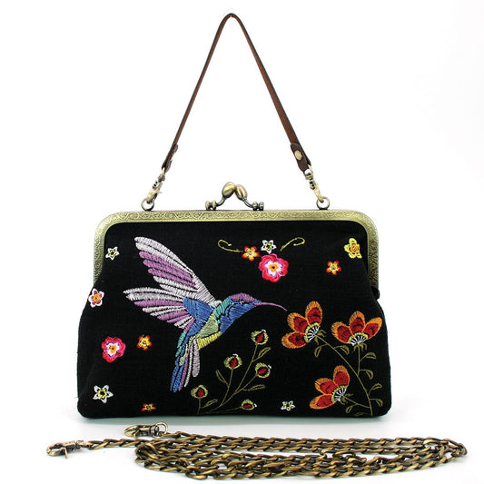 Hummingbird Kisslock Bag in Black | Embroidered Floral Handheld Shoulder Bag