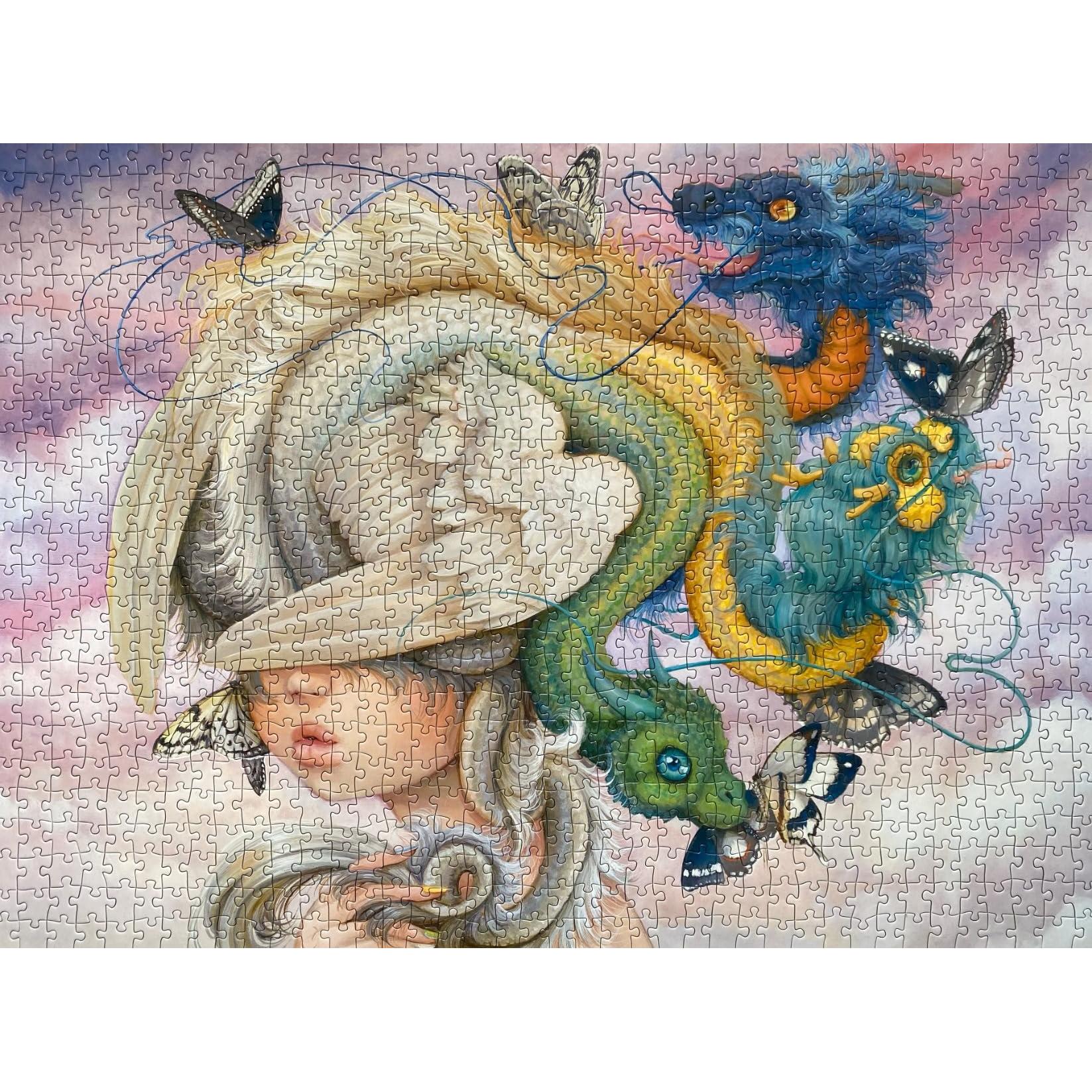 Jigsaw puzzle with a decorative design of dragons and butterflies on a pastel background
