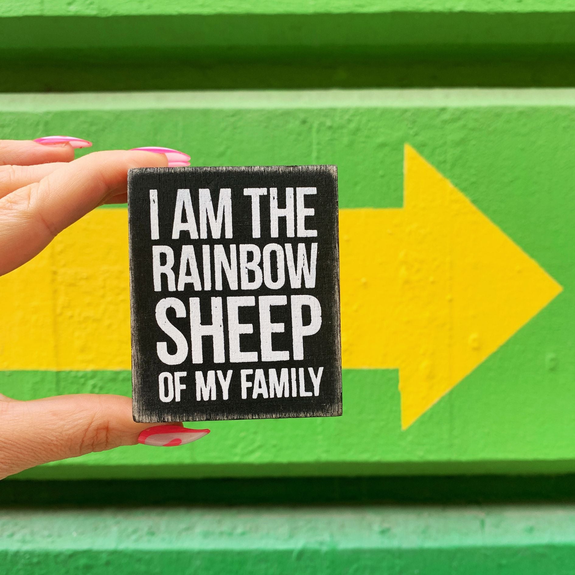 I Am The Rainbow Sheep Of My Family Box Sign in Wood with Chevron Edges