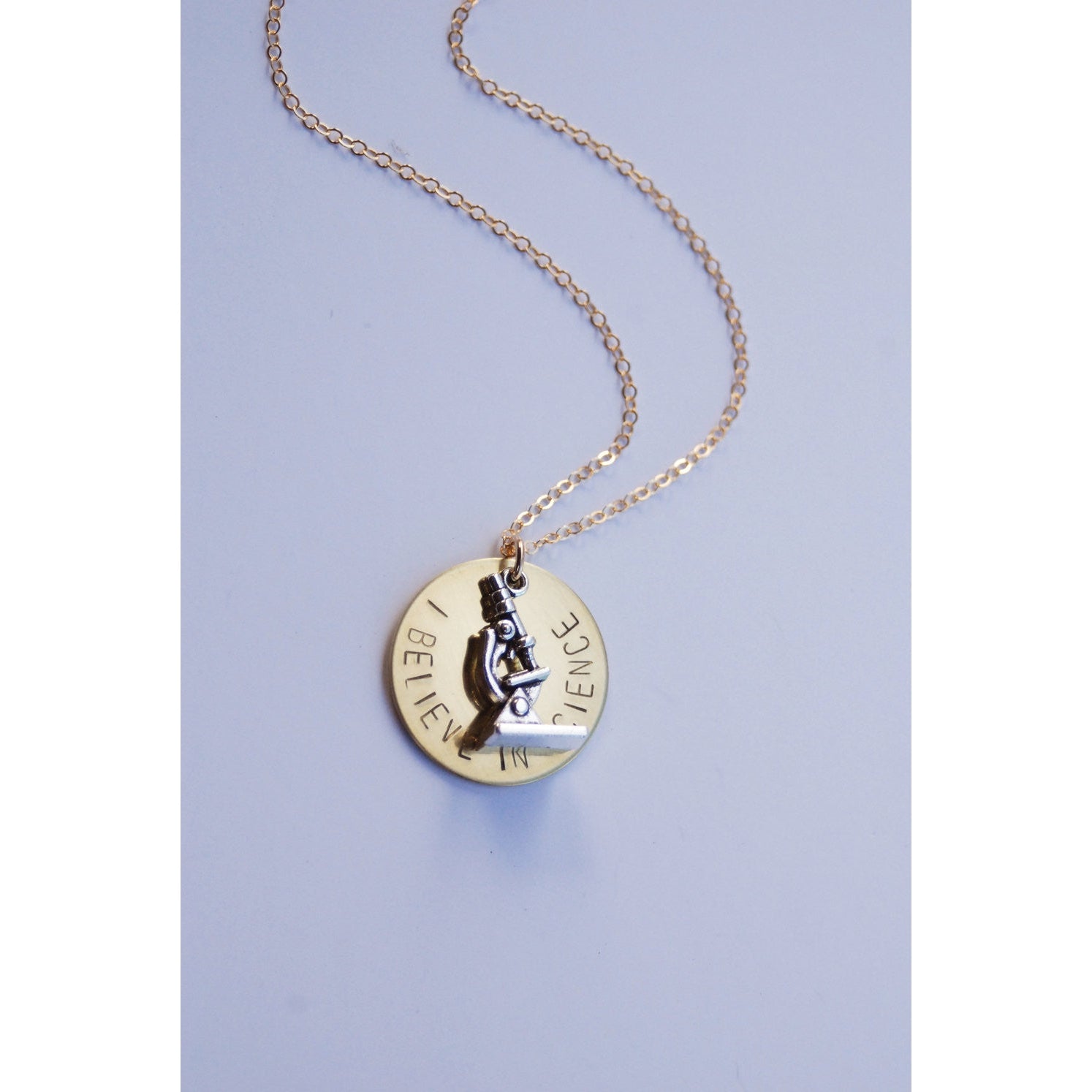 I Believe in Science Microscope Necklace | Hand-Stamped | Gold-Filled Chain