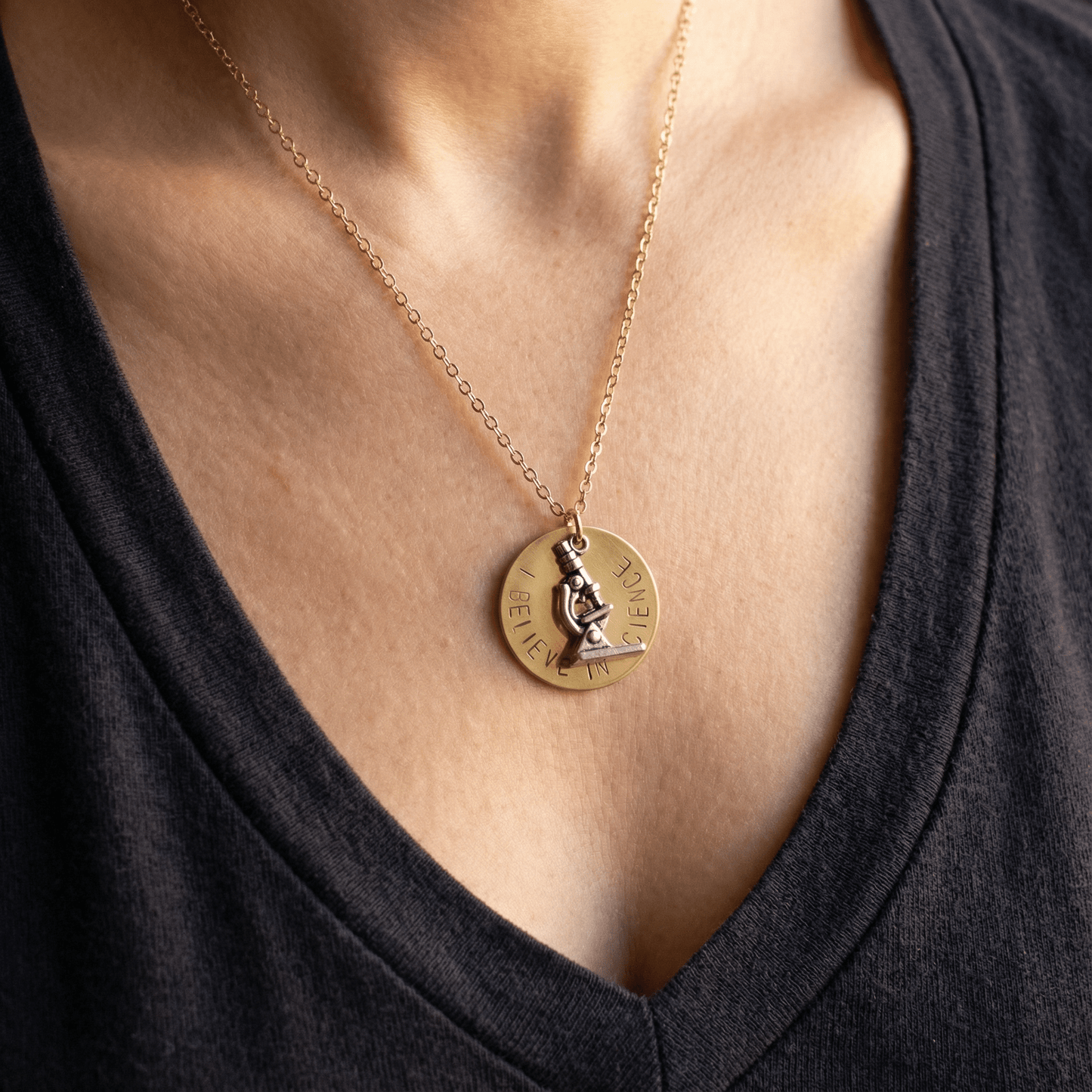I Believe in Science Microscope Necklace | Hand-Stamped | Gold-Filled Chain
