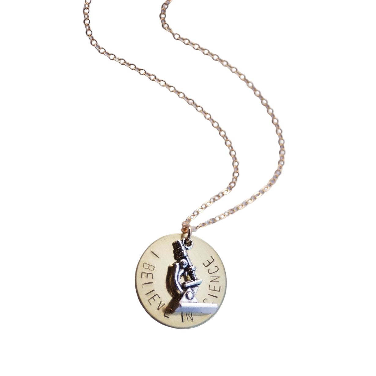 I Believe in Science Microscope Necklace | Hand-Stamped | Gold-Filled Chain