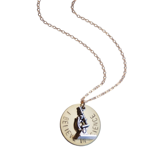 I Believe in Science Microscope Necklace | Hand-Stamped | Gold-Filled Chain