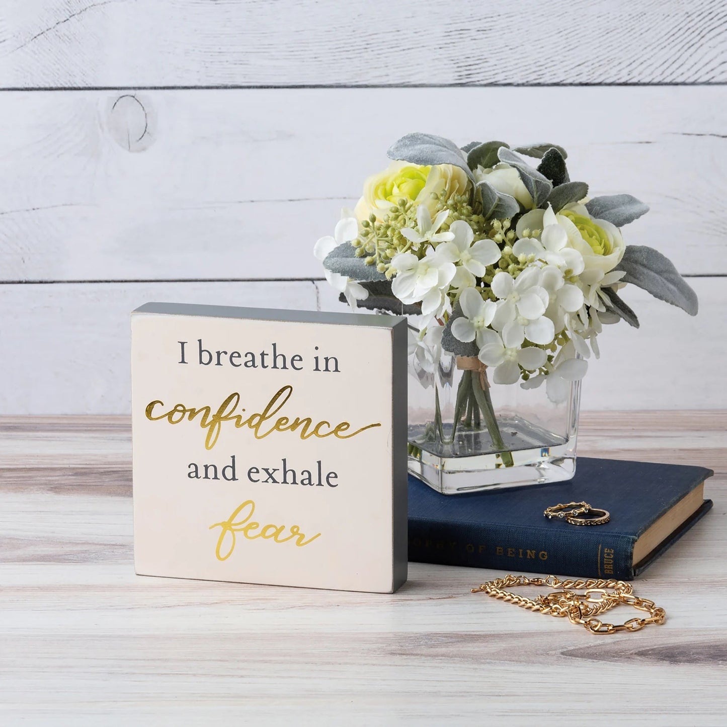 I Breathe In Confidence And Exhale Fear Block Sign | Metallic Copper Details