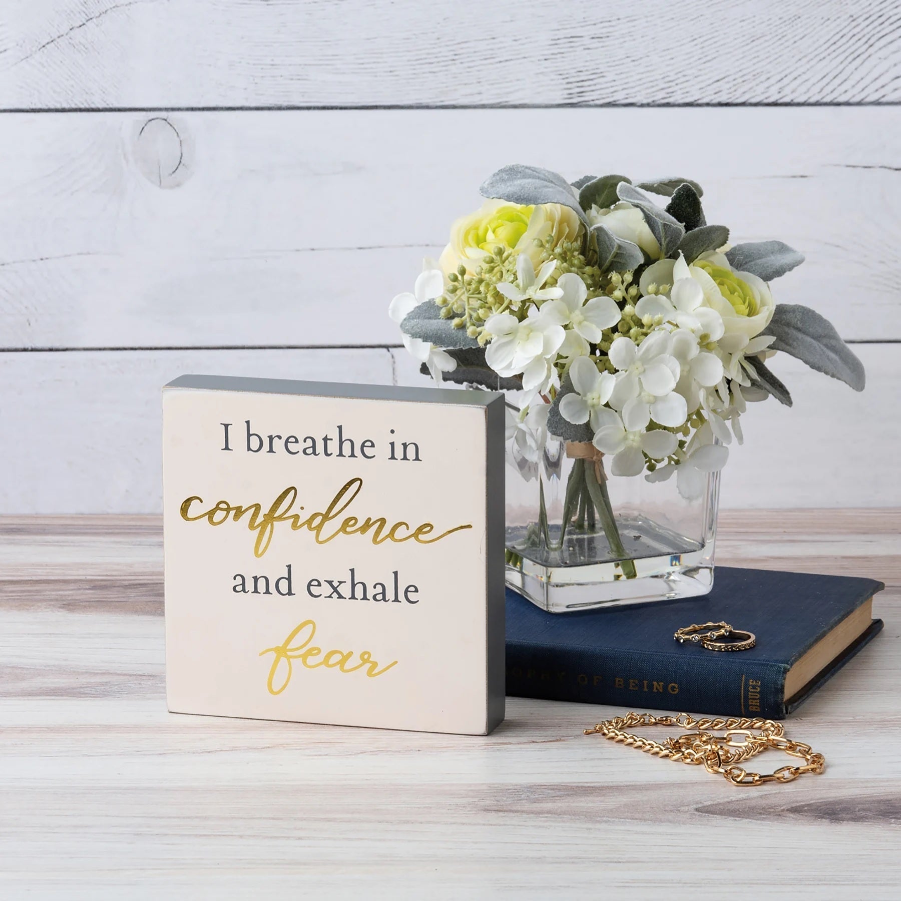 I Breathe In Confidence And Exhale Fear Inspo Block Sign | Metallic Copper Details