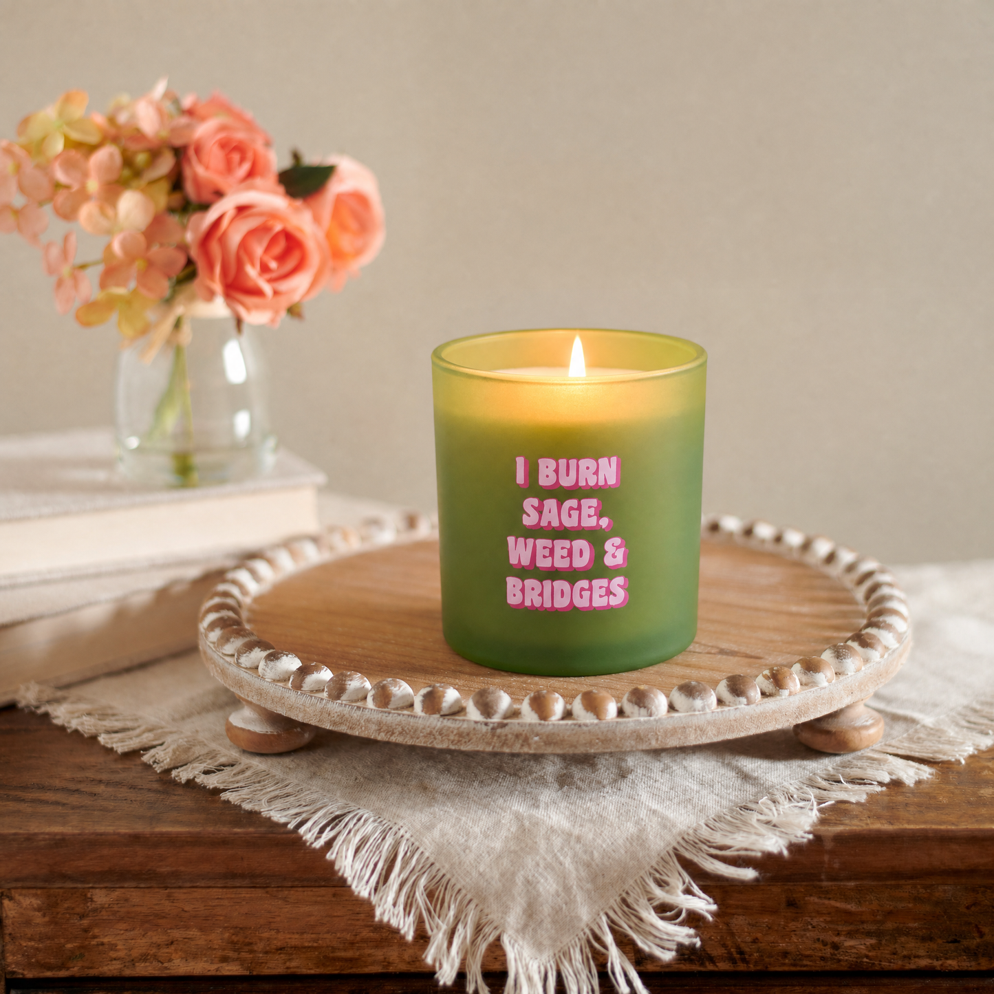 I Burn Sage, Weed & Bridges Soy Candle | Smoked Mint Scent | Green Glass | 35hr Burn Time