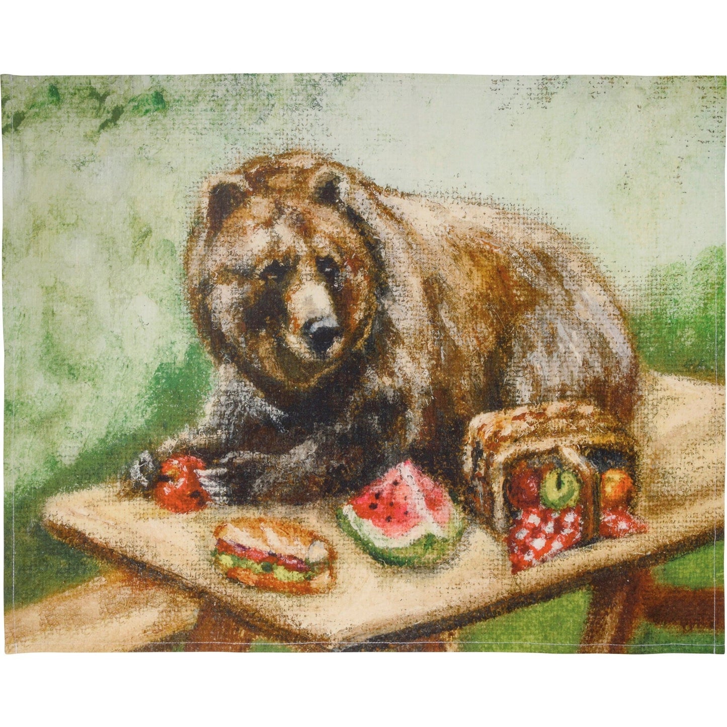 I CHOOSE THE BEAR Bear at a Picnic Table Kitchen Towel | Canvas Artwork Cotton Hand Tea Dish Cloth | 20" x 26"