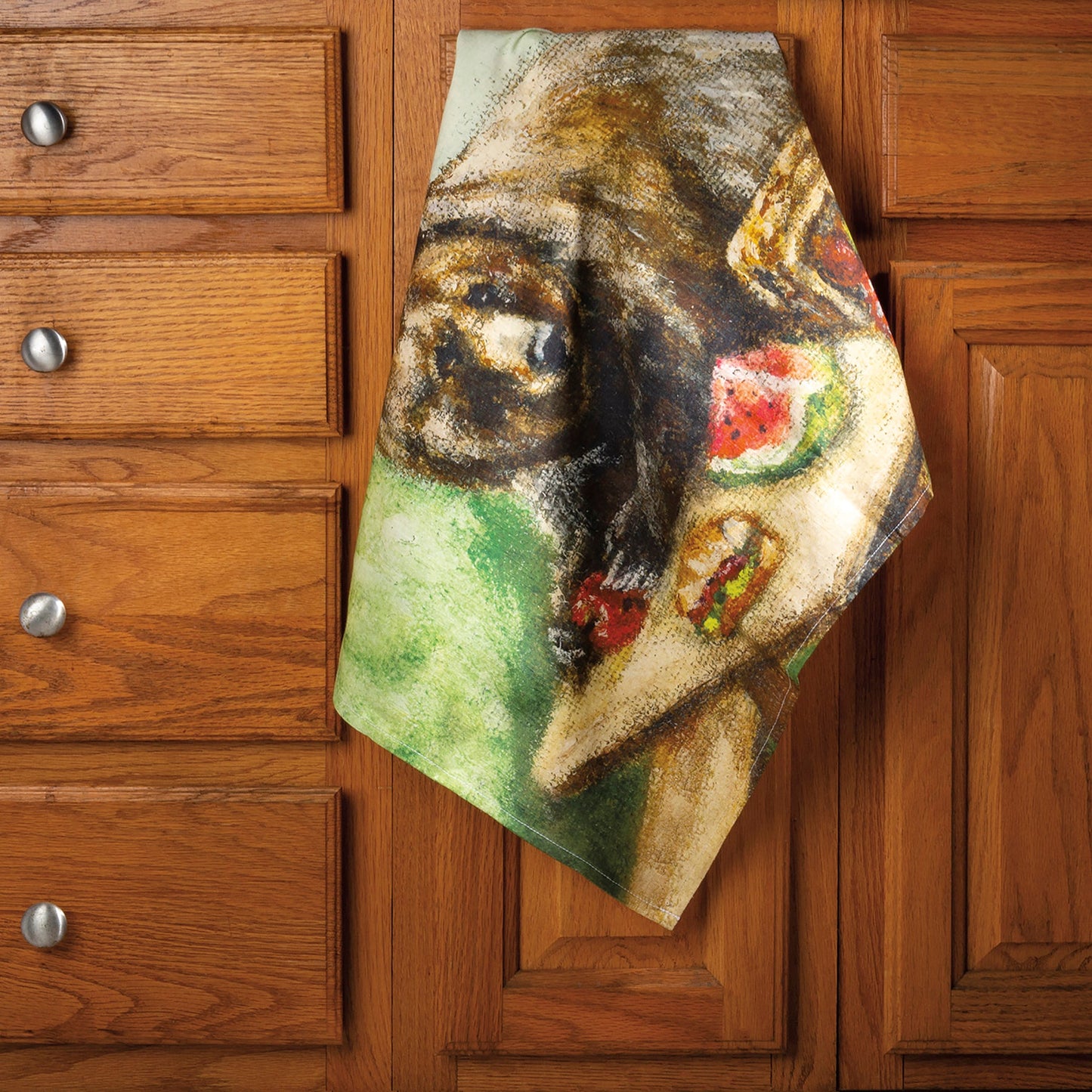 I CHOOSE THE BEAR Bear at a Picnic Table Kitchen Towel | Canvas Artwork Cotton Hand Tea Dish Cloth | 20" x 26"