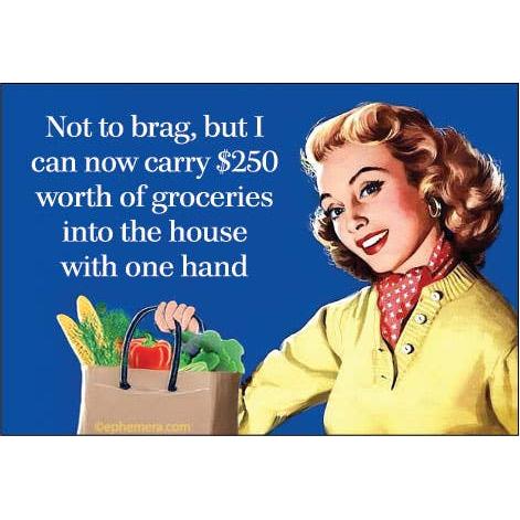 Vintage-style graphic magnet with a smiling woman in a yellow cardigan and red neck scarf holding a grocery bag, alongside the text: 'Not to brag, but I can now carry $250 worth of groceries into the house with one hand.'.
