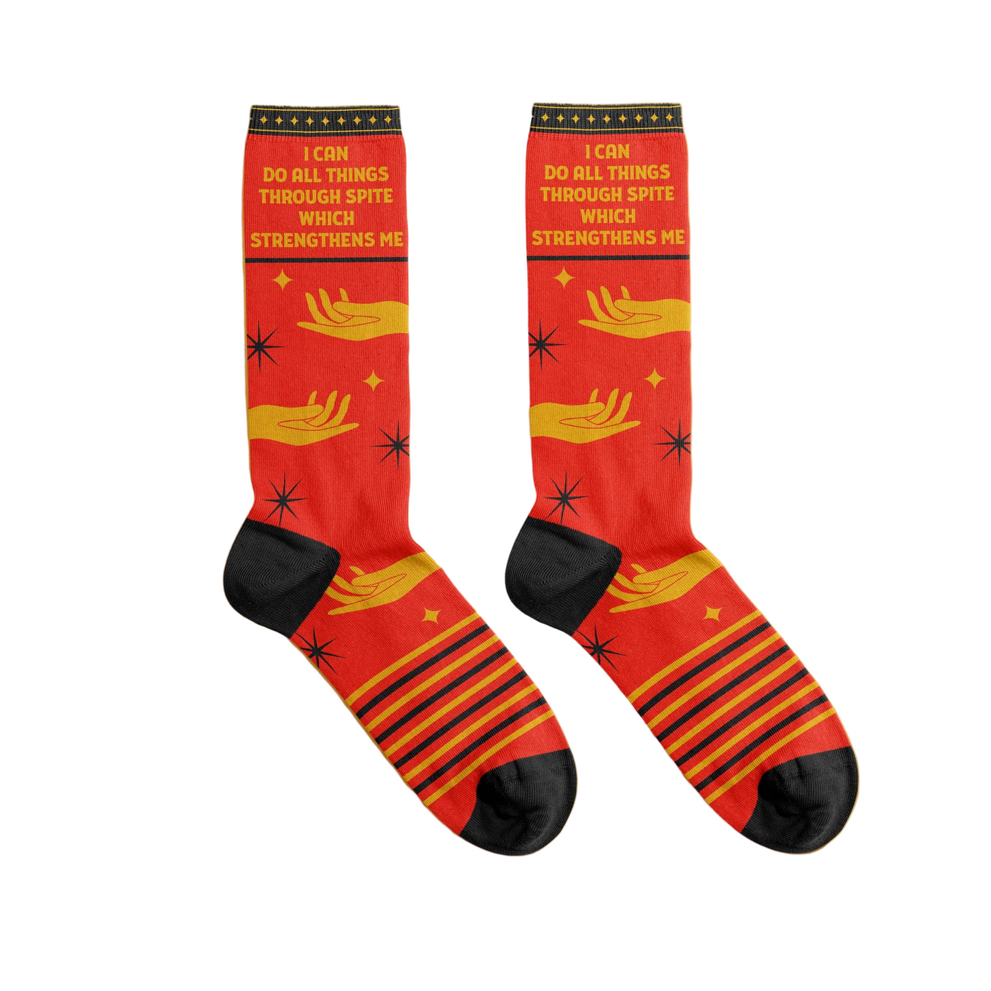 Red socks with black and yellow design on a white background