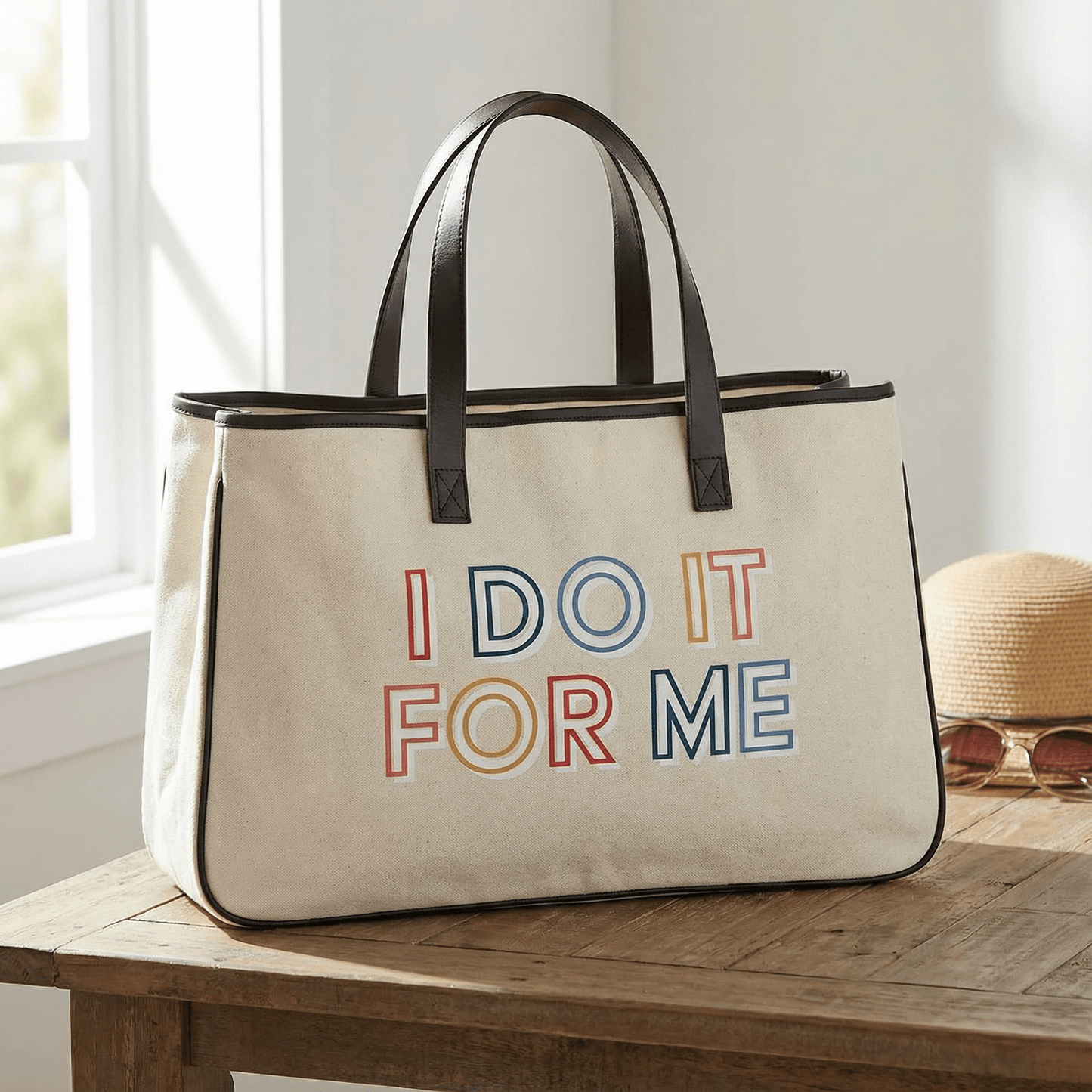 I Do It For Me Large Rectangular Tote Bag | Genuine Leather Handles