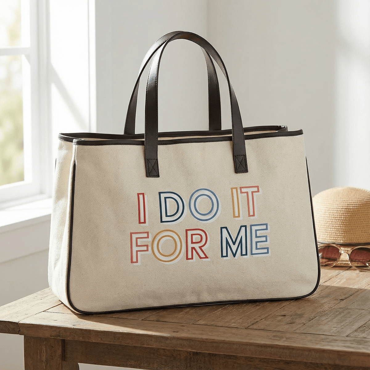 I Do It For Me Large Rectangular Tote Bag | Genuine Leather Handles