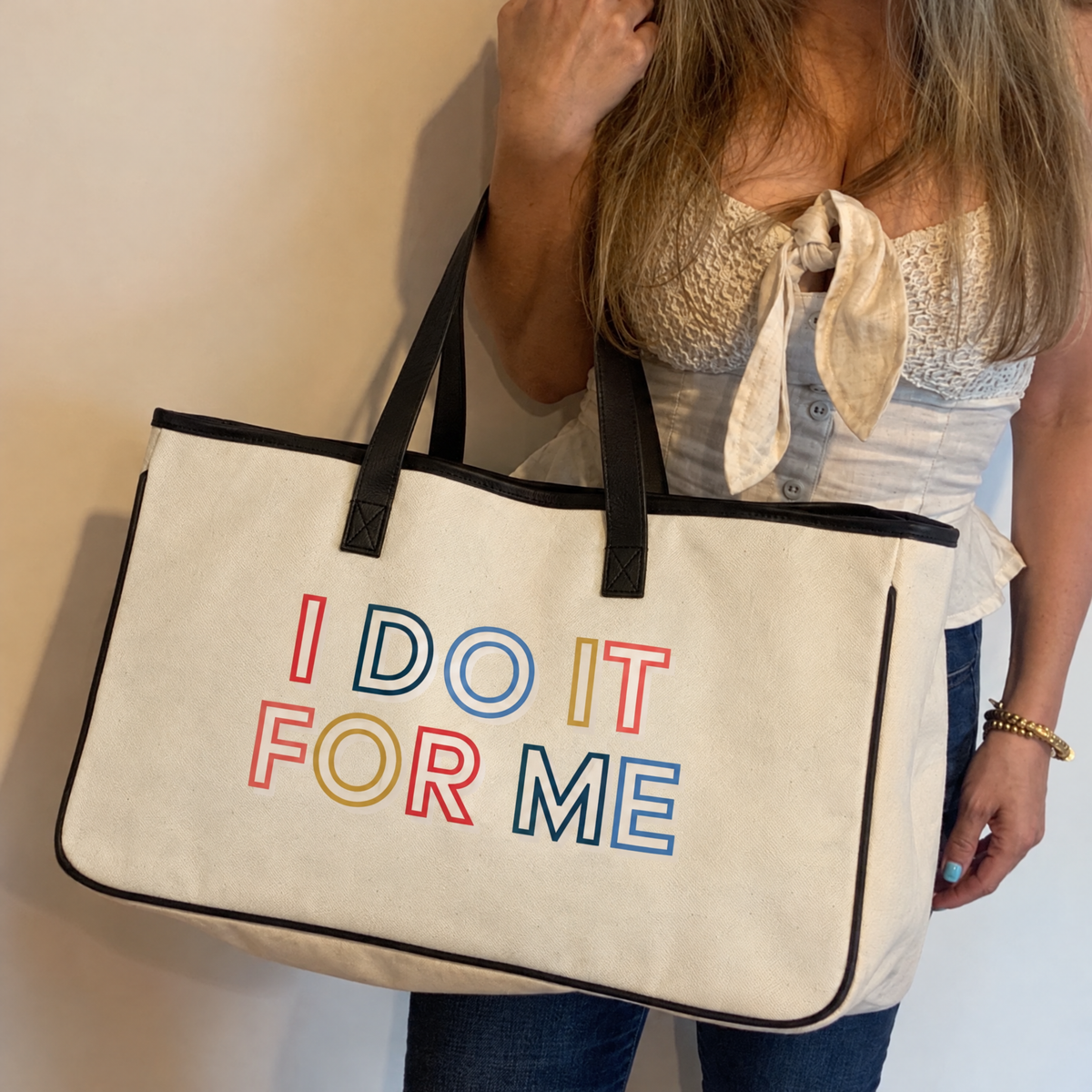I Do It For Me Large Rectangular Tote Bag | Genuine Leather Handles-Slant-The Bullish Store